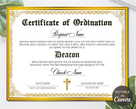certificate of ordination for deacons